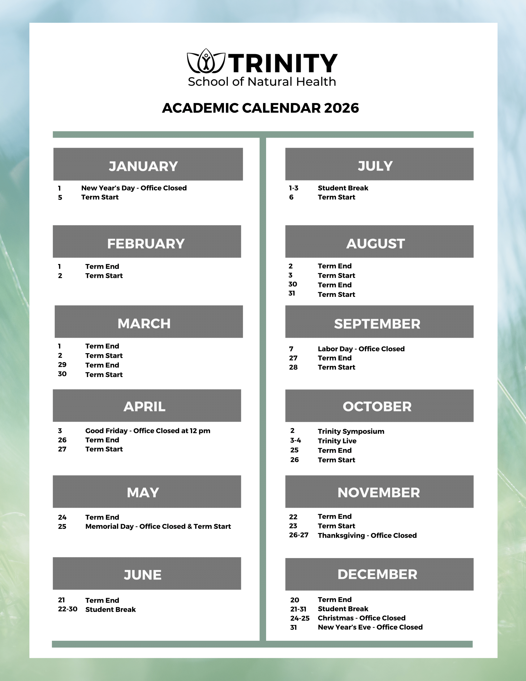 2026 Academic Calendar